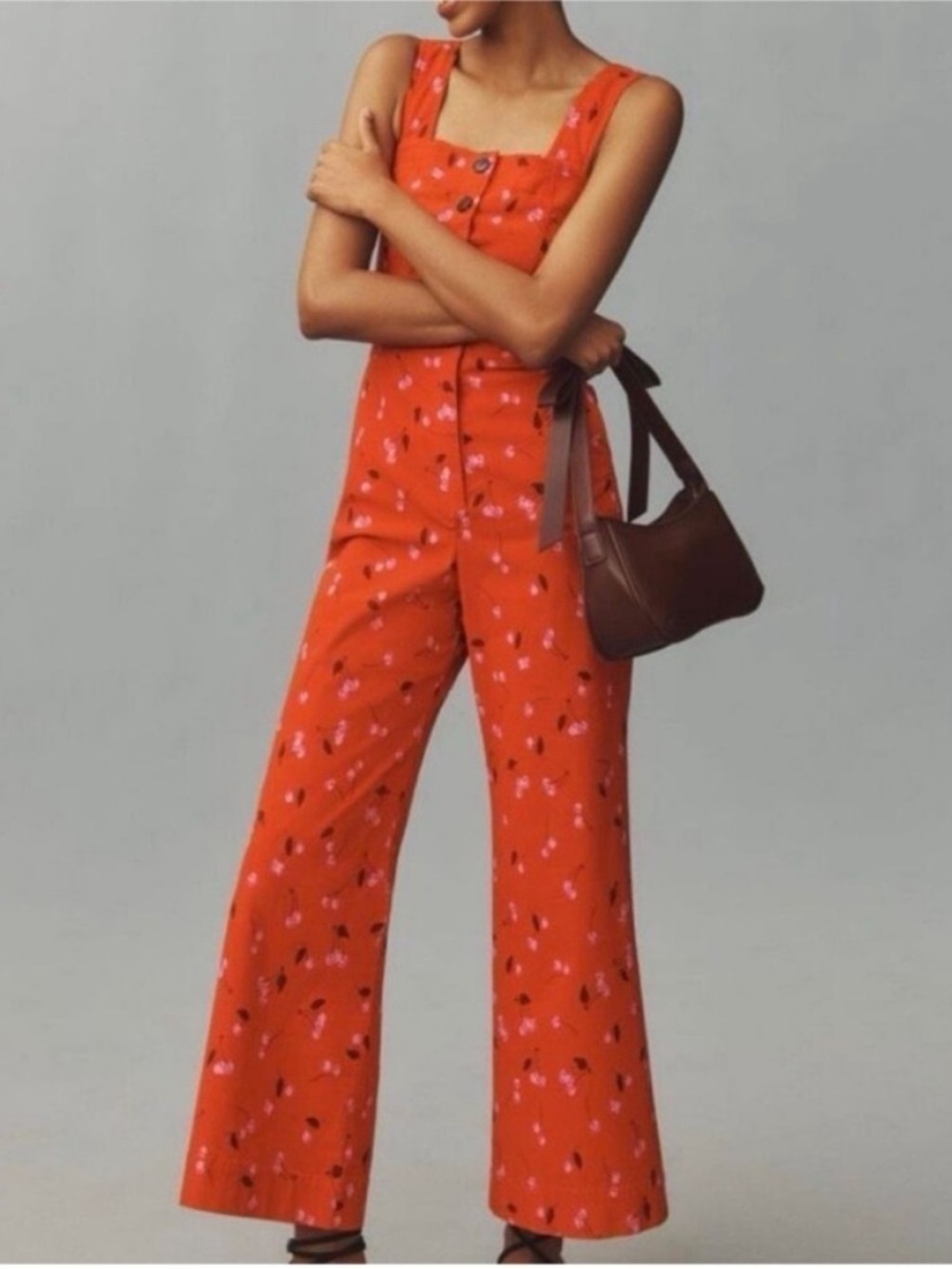 Anthropologie Maeve Colette Portside Cherry Fruit Print Button Jumpsuit Size 2
